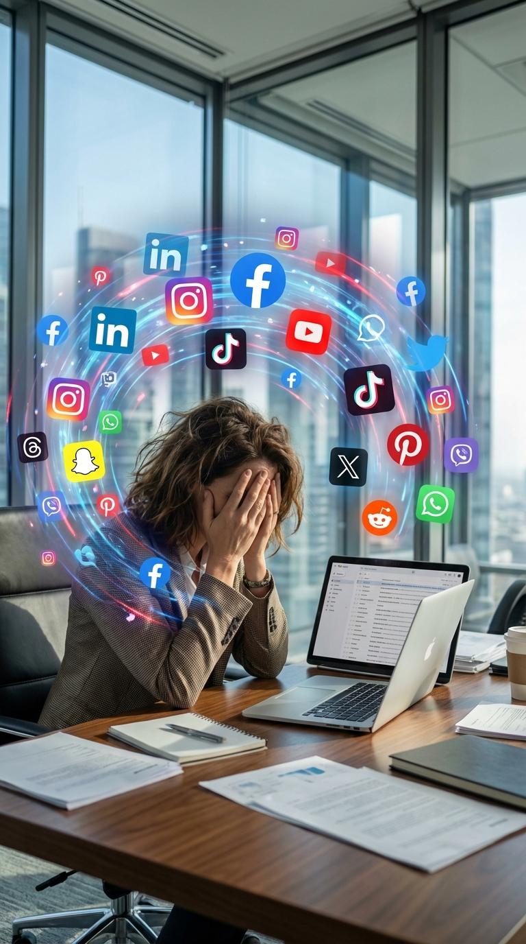 Frau am Schreibtisch stützt den Kopf in die Hände, umgeben von einem Wirbel aus Social-Media-Symbolen