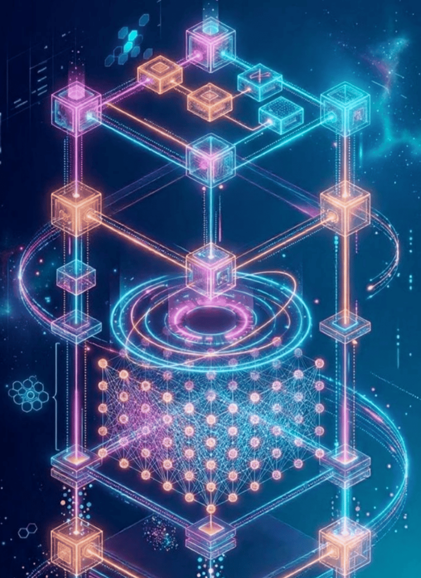 Isometrische Neon-Illustration eines vernetzten Würfel- und Knotensystems in Blau und Pink