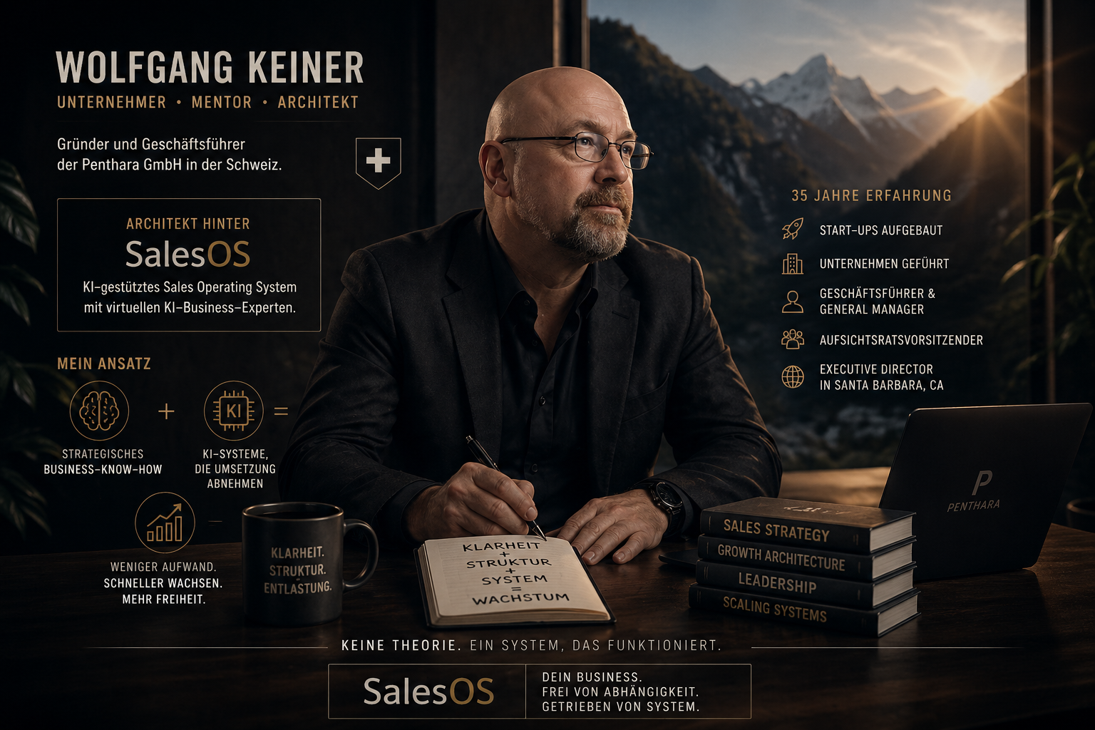Infografik über Wolfgang Keiner: Er sitzt im dunklen Sakko an einem Schreibtisch und schreibt in ein Notizbuch, hinter ihm ein Fenster mit Bergpanorama im Sonnenaufgang. Bildtext links: Wolfgang Keiner – Unternehmer, Mentor, Architekt. Gründer und Geschäftsführer der Penthara GmbH in der Schweiz. Architekt hinter SalesOS, dem KI-gestützten Sales Operating System mit virtuellen KI-Business-Experten. Mein Ansatz: strategisches Business-Know-how plus KI-Systeme, die Umsetzung abnehmen, ergibt weniger Aufwand, schneller wachsen, mehr Freiheit. Bildtext rechts: 35 Jahre Erfahrung – Start-ups aufgebaut, Unternehmen geführt, Geschäftsführer und General Manager, Aufsichtsratsvorsitzender, Executive Director in Santa Barbara, Kalifornien. Auf der Tasse steht Klarheit. Struktur. Entlastung., im Notizbuch Klarheit + Struktur + System = Wachstum, auf den Buchrücken Sales Strategy, Growth Architecture, Leadership und Scaling Systems, auf dem Laptopdeckel das Penthara-Logo. Schlusszeile: Keine Theorie. Ein System, das funktioniert. SalesOS – Dein Business. Frei von Abhängigkeit. Getrieben von System.