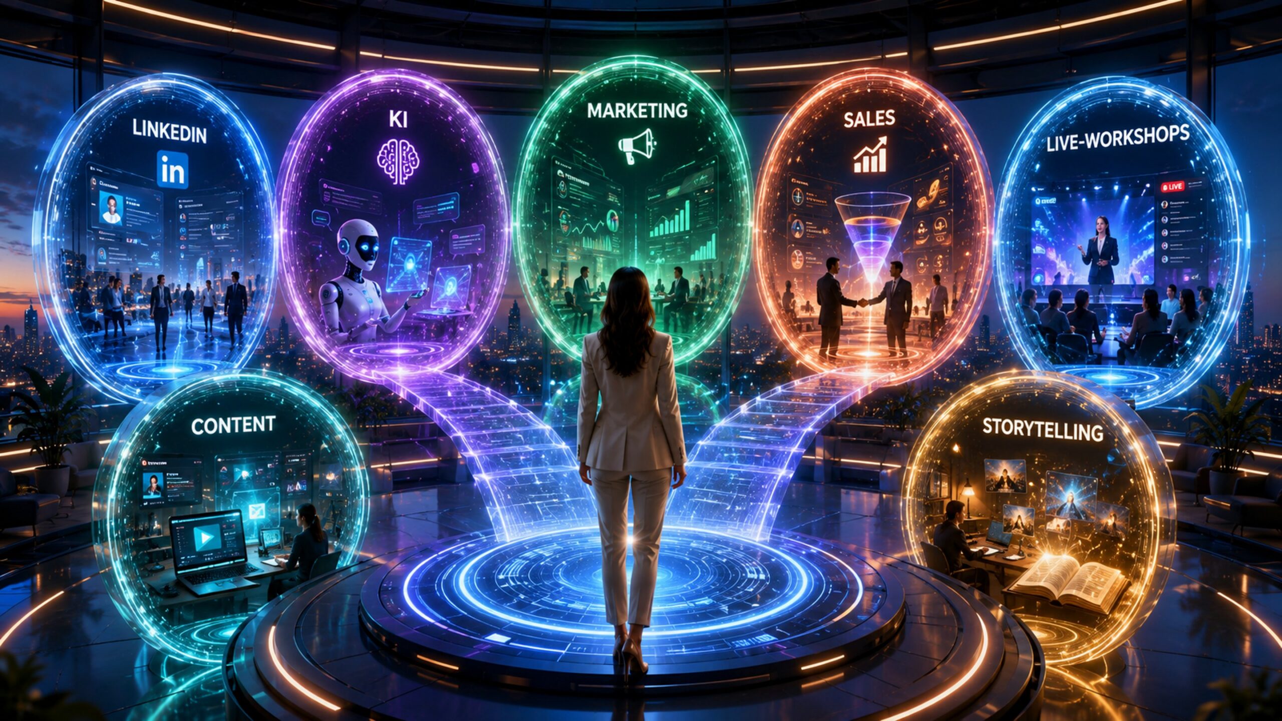 Sales & Marketing Masterclass — Businessfrau vor sieben Hologramm-Sphären zu LinkedIn, KI, Marketing, Sales, Live-Workshops, Content und Storytelling