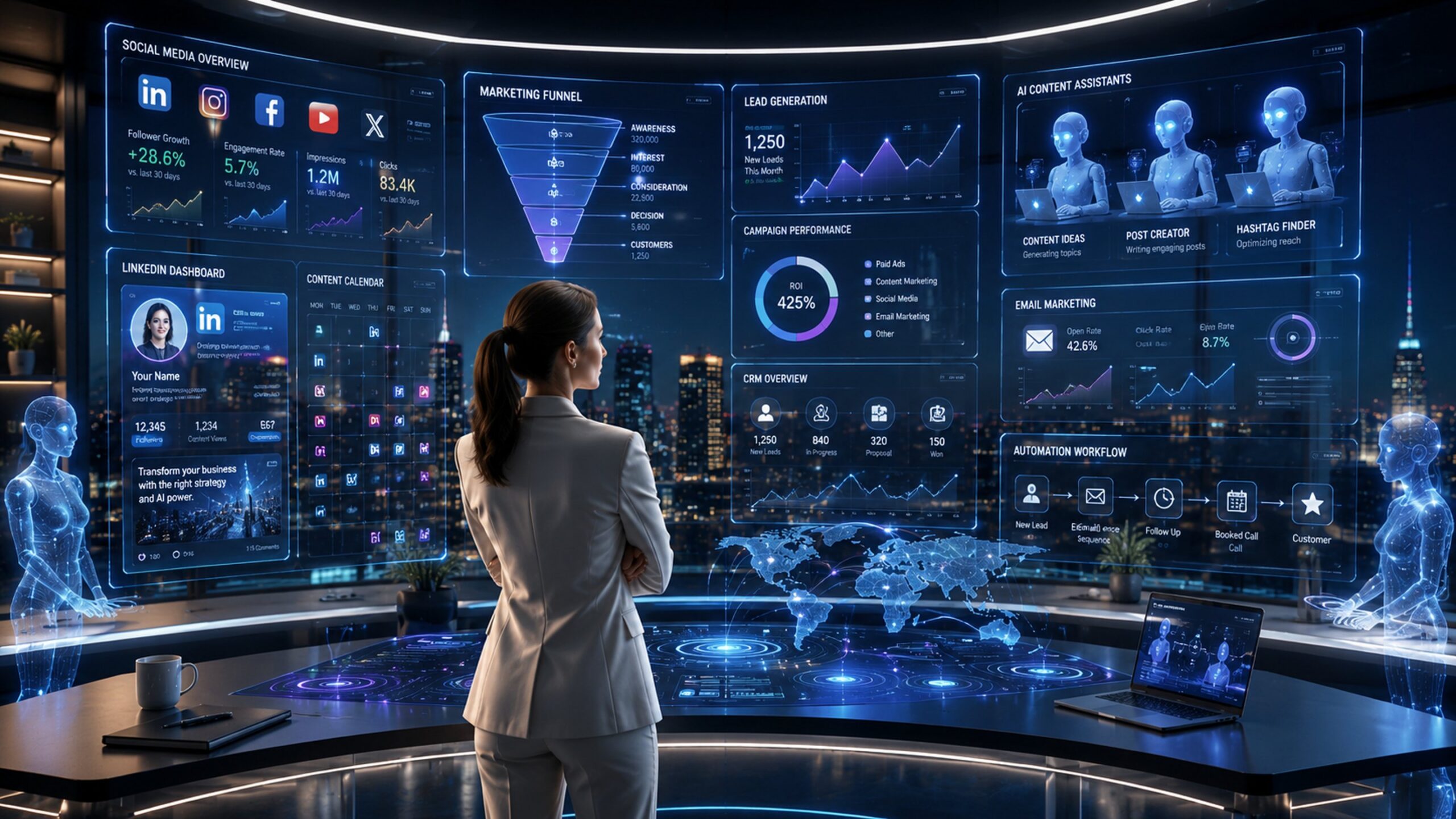 Business & KI Excellence Lab — Businessfrau vor Dashboard-Wand zu Social Media, Marketing-Funnel, Lead Generation und KI-Content-Assistenten